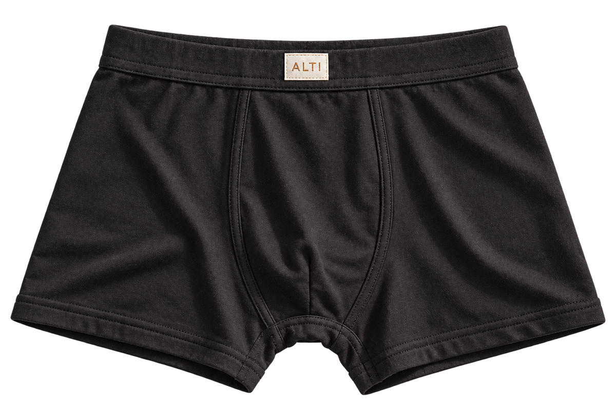 Front view of Alti Royal Boxer Brief in Obsidian with a cream ALTI waistband label